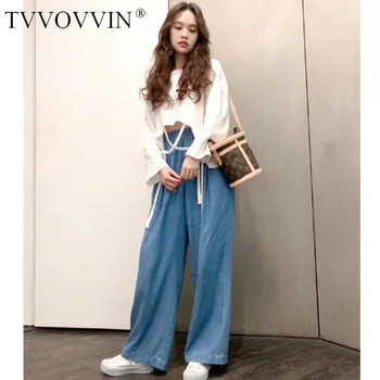 

TVVOVVIN 2020 NEW Elastic Waist Solid O-neck Pullover Casual Irregular Girl Female T-shirt+jeans Streetwear Loose Long A070