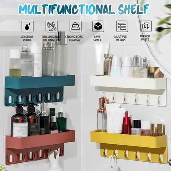 

Punch-Free Seamless Rack With Hooks Bathroom Storage Rack On Bathroom Wall