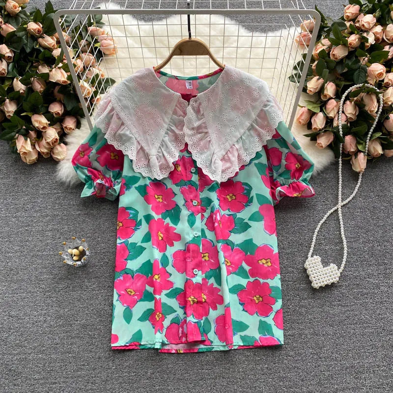 

2021 women's summer sweet doll collar contrast stitching printed shirt women's age-reducing puff sleeve top