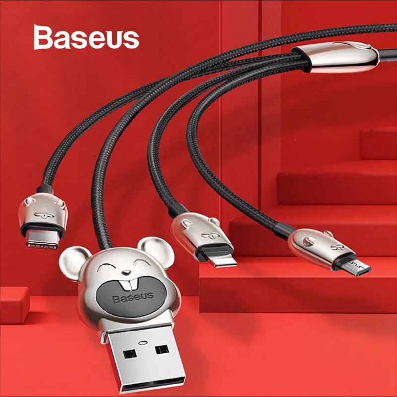 Baseus 3 в 1 USB кабель type C для iPhone XR XS Max зарядный кабель usb type C для samsung S10 S9 huawei мышь светодиодный Micro USB кабель