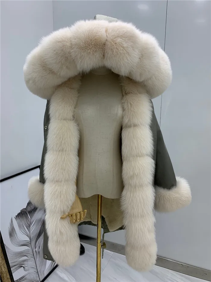 Новая зимняя Длинная женская куртка с большим воротником из лисьего меха, парки с капюшоном, настоящая подкладка из кроличьего меха Рекс, плотное пальто