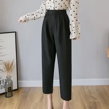 Женские штаны-шаровары, весна-лето, свободные брюки длиной до щиколотки, женские эластичные черные брюки с высокой талией на пуговицах, mujer DA1
