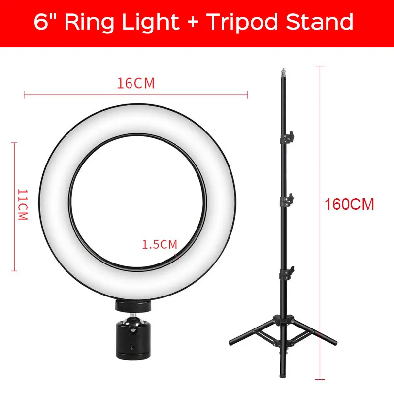 6inch Light Tripod Светодиодный кольцевой светильник для селфи фотография Фотостудия Свет для Youtube макияж затемнения селфи кольцевая заполняющая лампа с 1,6 м штатив Стенд - Цвет: 6inch Light Tripod