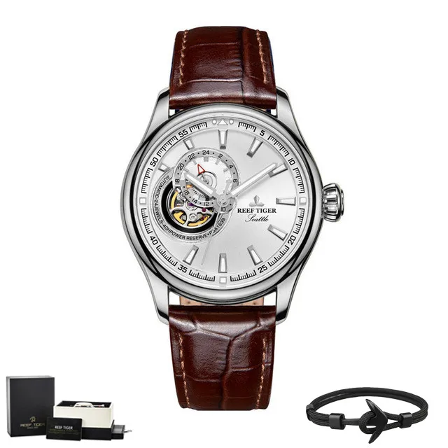 Риф Тигр бренд Tourbillon механические Роскошные автоматические часы водонепроницаемые светящиеся синие циферблат кожаные мужские часы Reloj Hombre - Цвет: RGA1639-YWS