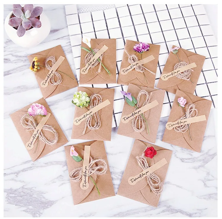 10pcs/set Mixed Retro DIY Craft Paper Invitation Greeting Card With Envelope Handmade Dry Flower We - 4000492215265