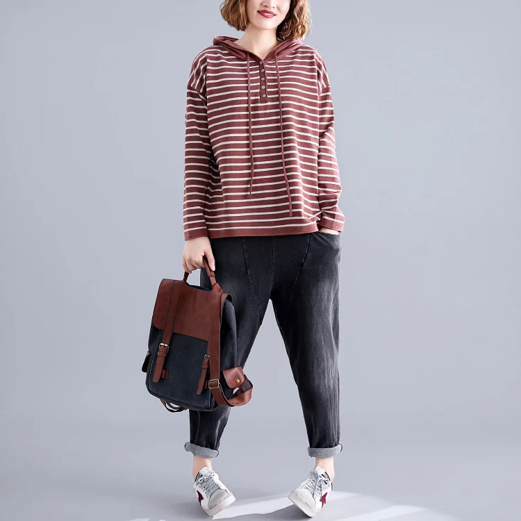Повседневная Женская рубашка размера плюс с длинным рукавом на весну и осень, пуловер, толстовки в полоску, рубашки с капюшоном и завязками, топы N1199