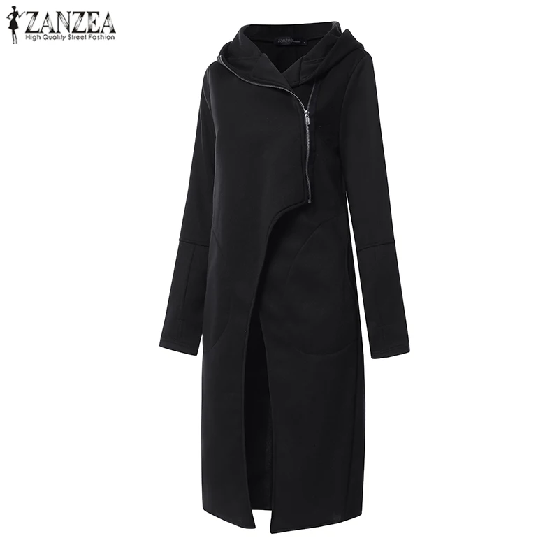  ZANZEA 2019 Vintage Sweatshirt Women Casual Zipper Long Hooded Jackets Coats Winter Stylish Asymetr