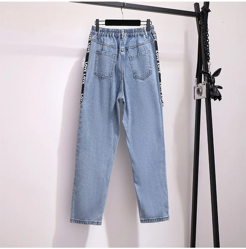 autumn winter plus size jeans for women large loose casual elastic waist straight denim long pants blue 3XL 4XL 5XL 6XL 7XL