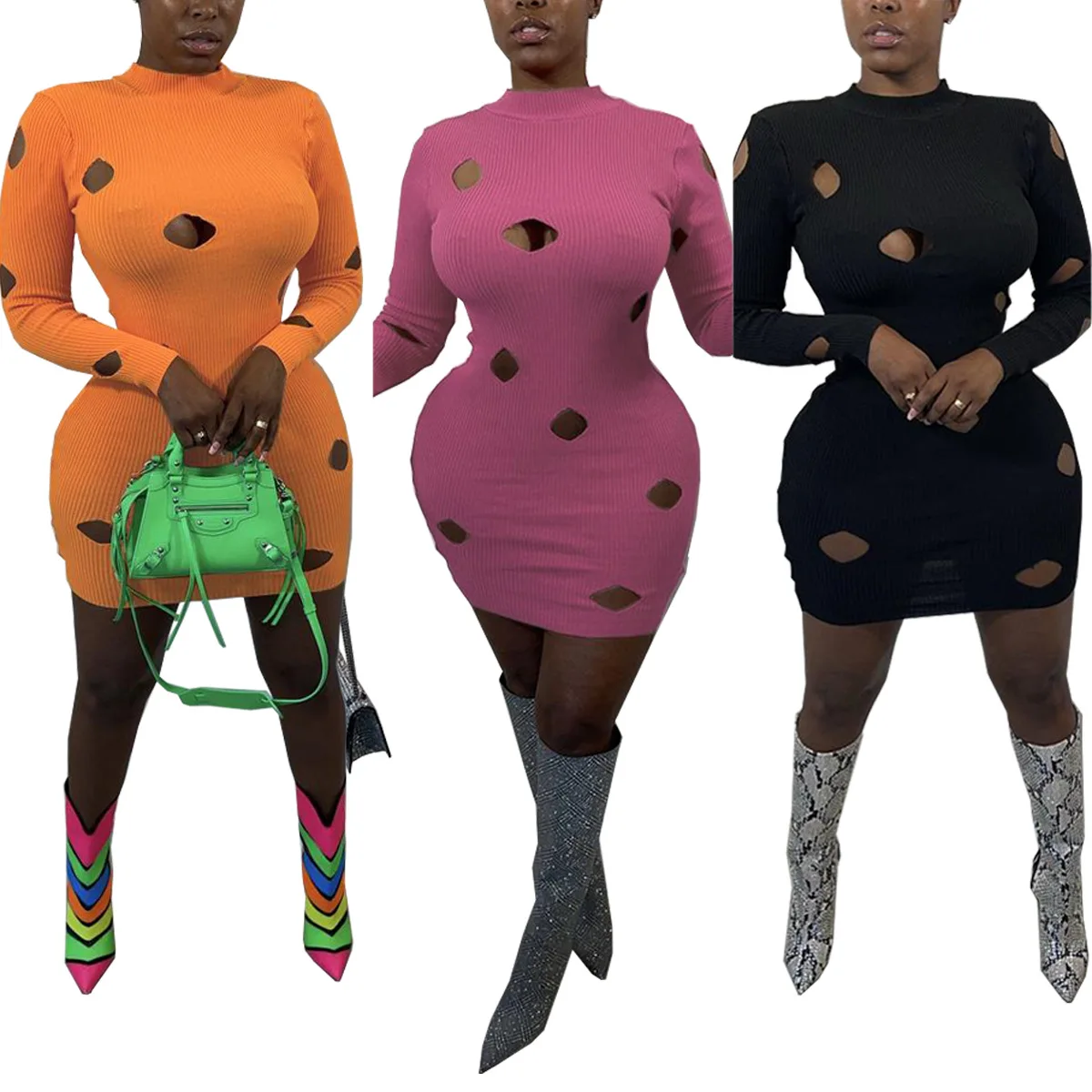 

Осеннее облегающее платье с длинным рукавом для женщин, повседневные Мини платья с дырками, женский наряд на день рождения, платья-футболки