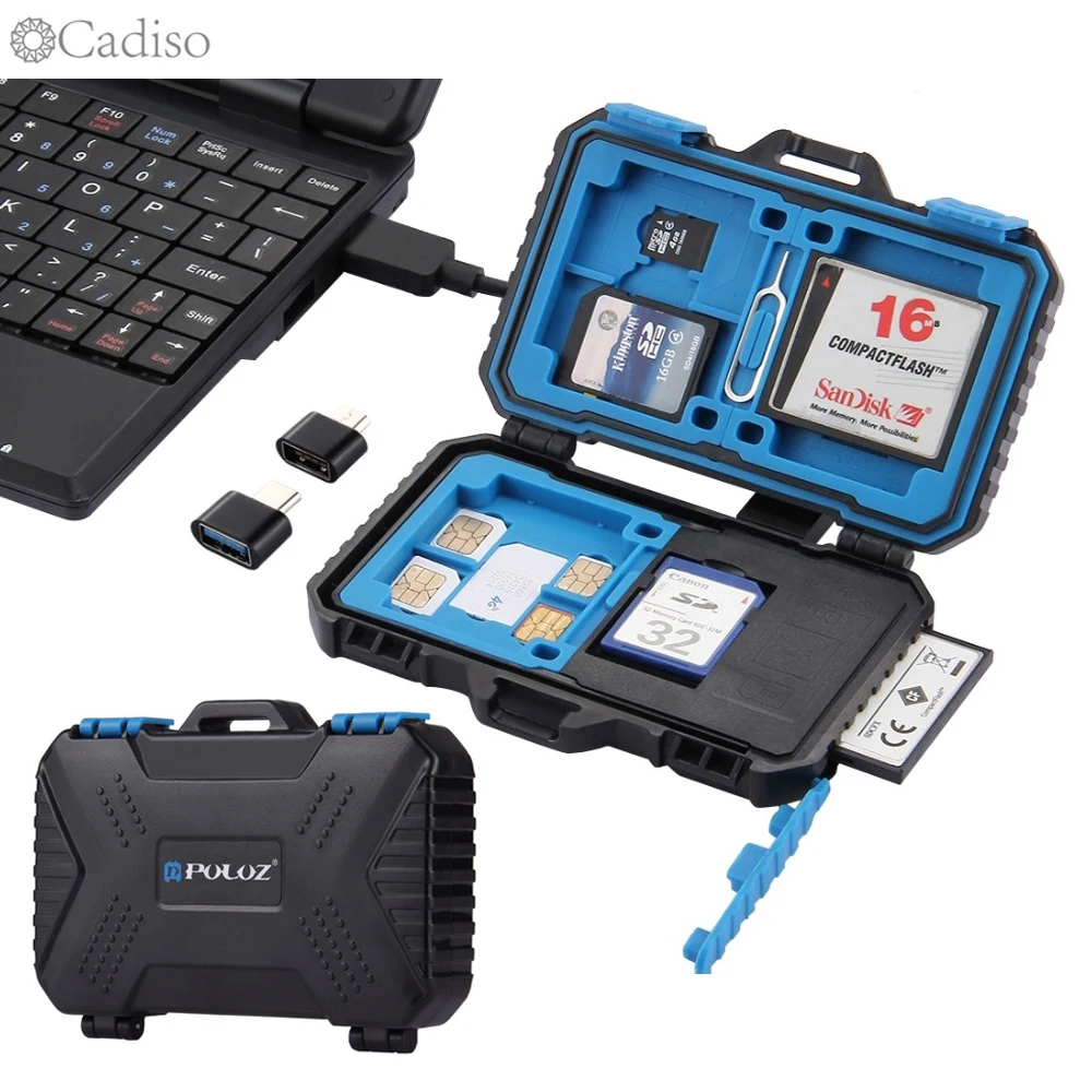 

Cadiso PULUZ Card Reader+22 in 1 Waterproof Card Case for Memory /SD Card 1Standard SIM+2Micro-SIM+2Nano-SIM+7SD+6TF+1CARD PIN