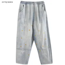 3XL 4XL светильник с синей вышивкой размера плюс женские джинсы летние с эластичной талией ретро до щиколотки джинсовые штаны из денима женские