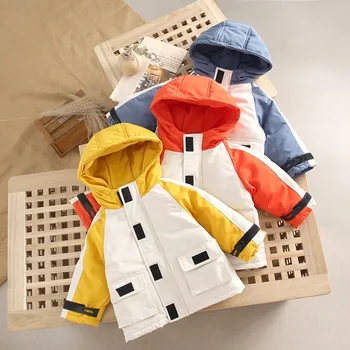 

Children Jacket Winter Color Block Hooded Cartoon Cotton Cloth Jacket Cotton-Padded Clothes Autumn and Winter Coat