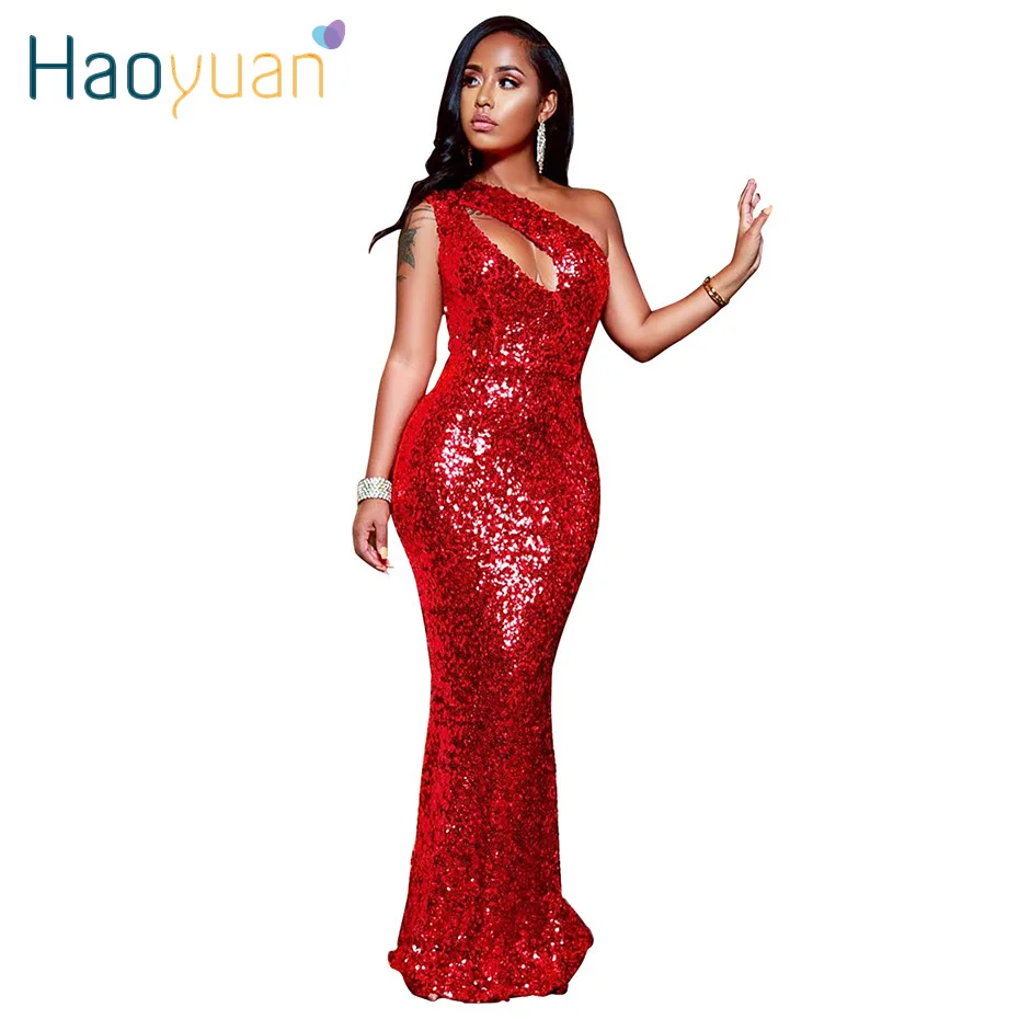 HAOYUAN, сексуальное красное платье на одно плечо с пайетками, женские платья, праздничная одежда, длинные облегающие макси платья, вечерние платья для ночного клуба