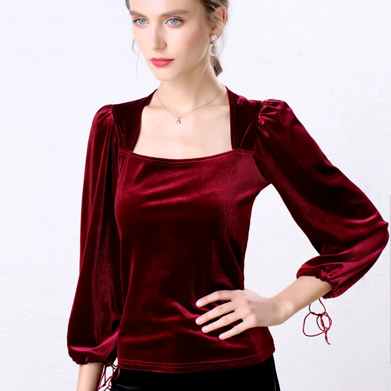 

New velour vintage shirt fashion square collar women blouse shirt casual long sleeve French elegant blouses tops women blusas