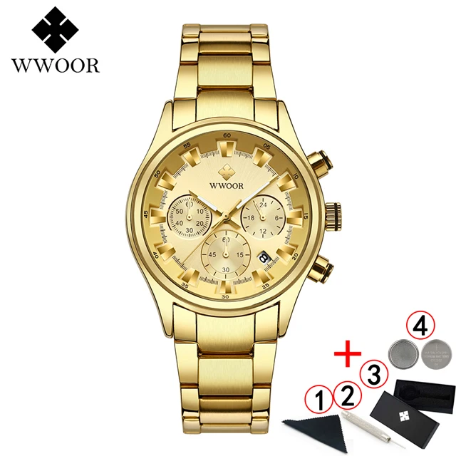 full gold box Мужские часы лучший бренд класса люкс WWOOR золотые черные часы мужские Новые водонепроницаемые Хронограф Золотые мужские наручные часы мужские - Цвет: full gold box