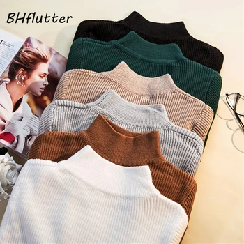 

BHflutter 2019 Turtleneck Sweater Women Solid Long Sleeve Knitted Pullover Jumper Casual Autumn Winter Sweaters swetry damskie