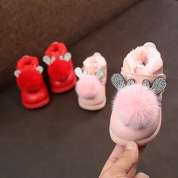 

Korean-style Fashion Man-made Diamond GIRL'S Shoes Winter New Style Really Pom Pom plus Velvet Soft-Sole Large Cotton Baby