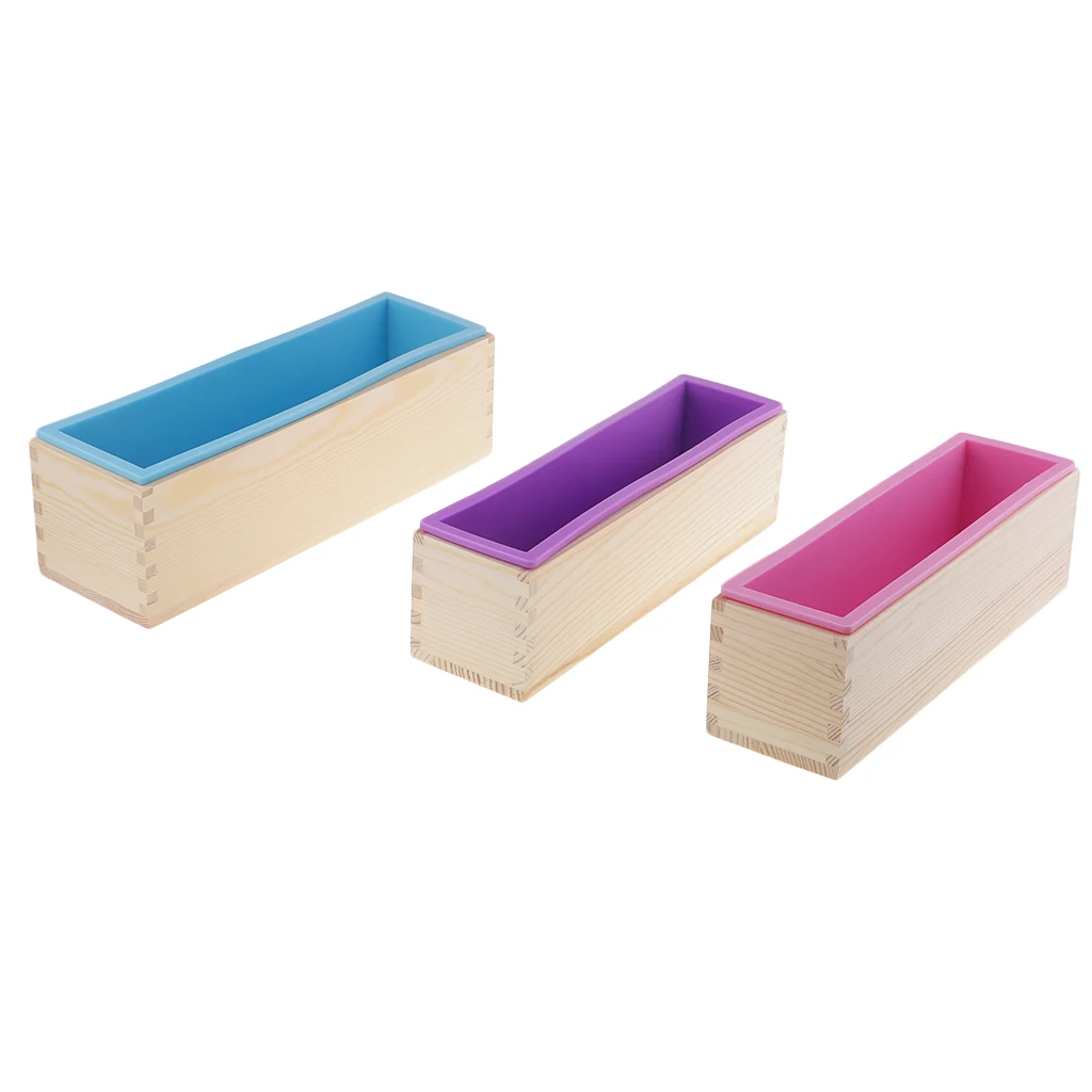 3 Pieces Rectangle Silicone Soap Mold Moulds with Wooden Box Including Matching Lid DIY Toast Loaf Soap Mold, 900ml/1200ml