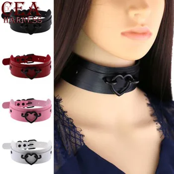 

CEA Goth Women Leather Choker Collar Heart-shaped Neck Black Strap Bondage Necklace Belt Sexy Neck Adorn Colors Chain Belts