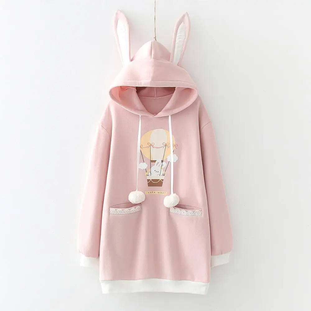 Cute Bunny Ear Hoodie Dress Women Kawaii Cartoon Graphic Fleece Long Sleeve Sweatshirt Soft Girls Casual Pullover Pink Clothes