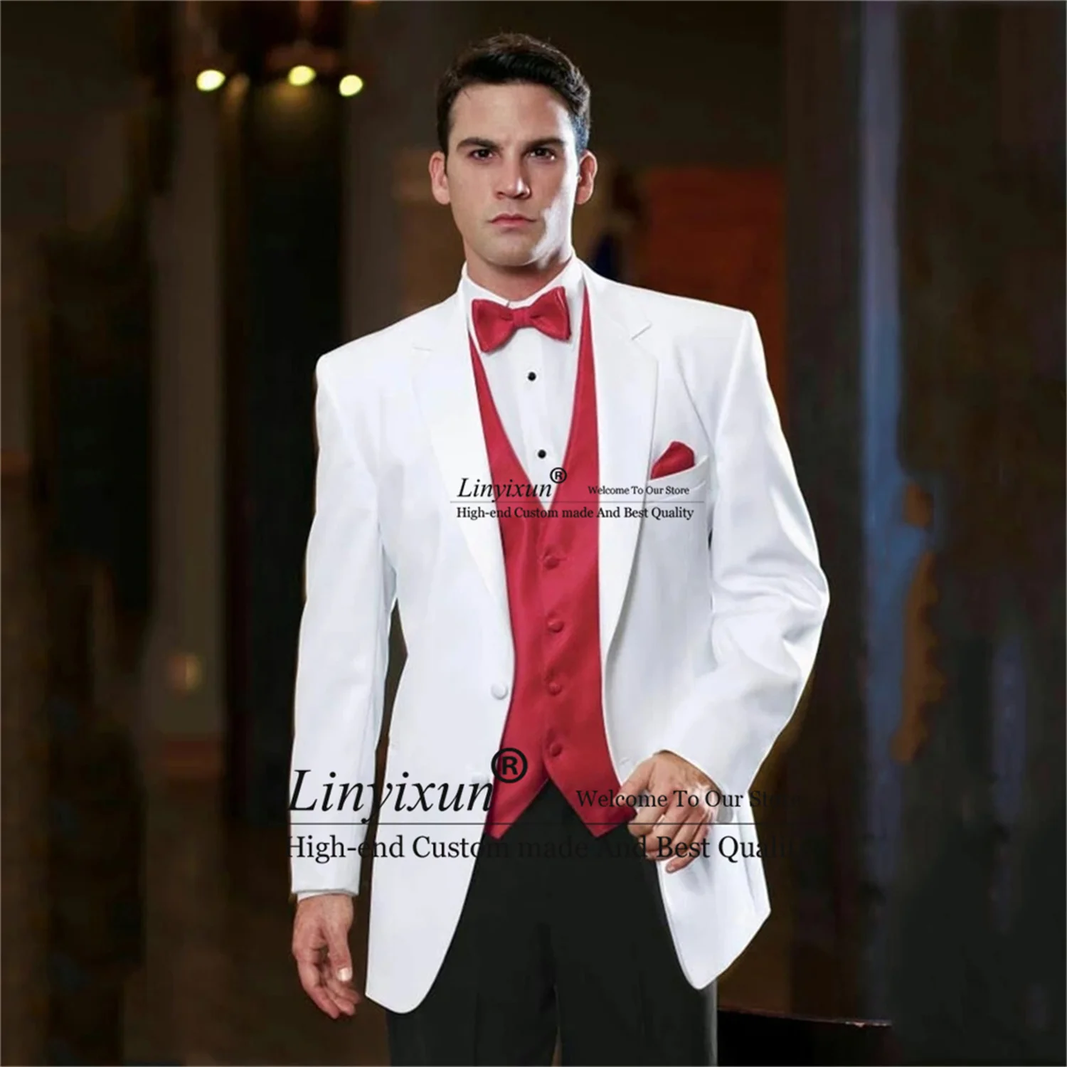 

White Wedding Men's Suit Notched Lapel Groom Tuxedos Male Prom Blazer 3 Pieces Set Costume Homme Red Waistcoat Black Pants