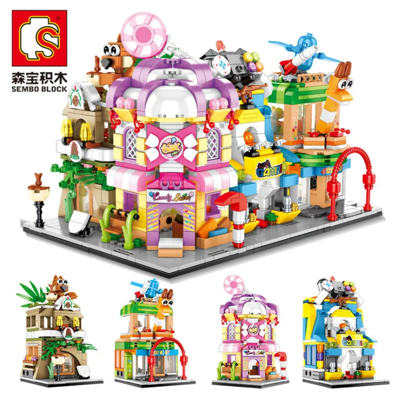 

4 New Models City Street Pine Cone Toys Game Candy Sale Store Building Blocks Bricks Compatible Legoingly DIY Kids Toys Gifts