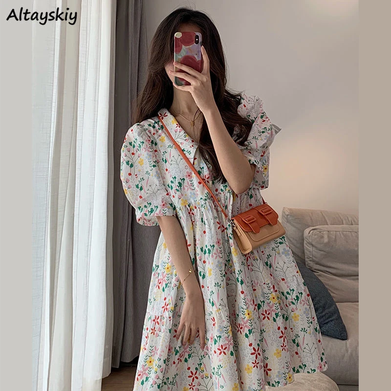 Dresses Women Summer Kawaii Japanese Style Floral Empire Turn-down Collar Female Sweet College Folds All-match Casual Loose Chic bodycon dress