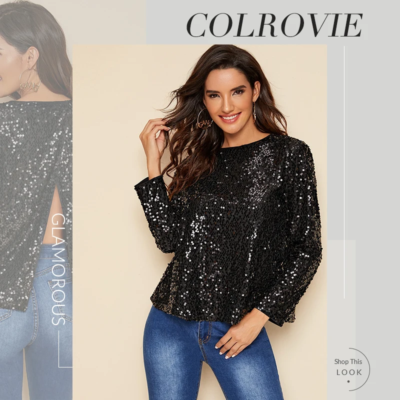 COLROVIE, черный топ с открытой спиной и блестками для женщин, осень, модная сексуальная блузка с разрезом, гламурные пуловеры, одноцветные женские блузки