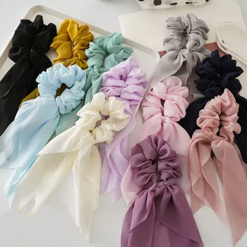 

Double Layer Chiffon Bow Long Ribbon Scrunchie Hair Ties Women Girl Hair Scarf Gold Buckle Elastic Rubber Bands Hair Accessories