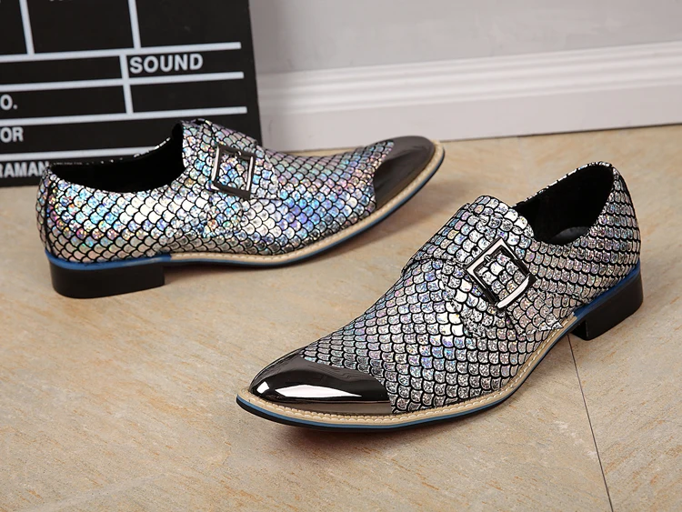 Christia Bella British Style Metal Pointed Toe Man Plus Size Shoes Fashion Ichthyosis Genuine Leather Buckle Men's Party Shoes