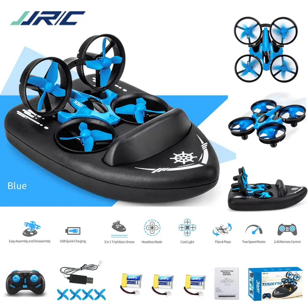 

JJRC H36F Mini Drone Helicopter 2.4G 4CH 6-Axis Gyro Speed 3D Flip Headless Mode RTF Boat Car Water Ground Air Mode 3-mode
