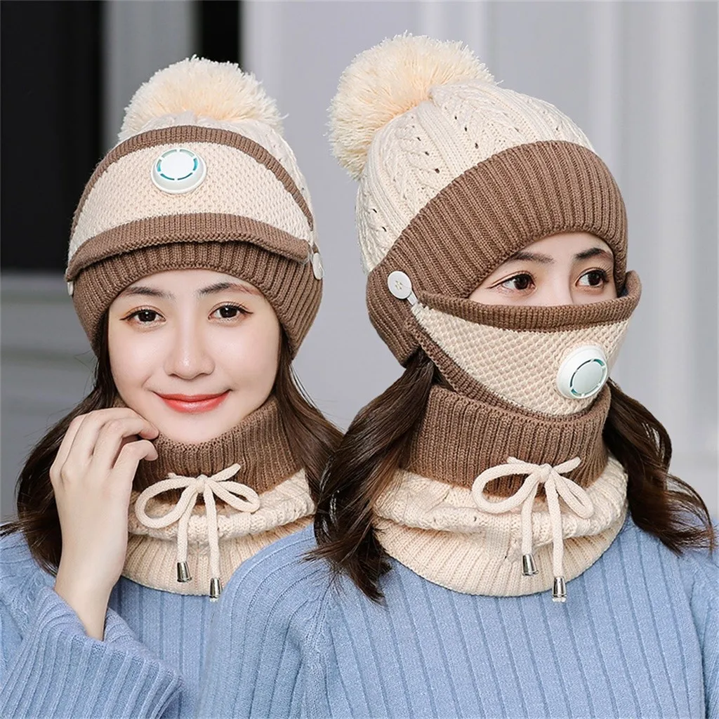 Шапка, шарф, маска, 3 комплекта, Женская Осенняя зимняя Корейская версия, теплая шерстяная вязаная шапка, плюс бархатная утолщенная велосипедная защита для ушей - Цвет: E