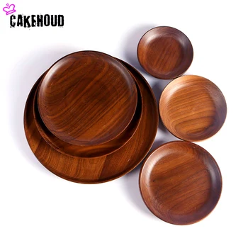 

CAKEHOUD High Quality Black Walnut Round Wooden Western Dish Pizza Plates Coffee Dim Sum Restaurant Family Kitchen Tableware Set