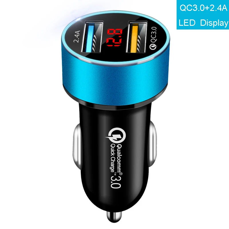 3.1A Dual USB Car Charger Quick Charge for Xiaomi Samsung iPhone 11 Tablet With LED Display Universal Mobile Phone Car-Charger - Название цвета: Blue-QC3.0