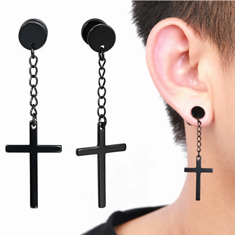 1 Pair Punk Stainless Steel Cross Drop Earring Long Chain Tassels Ear
