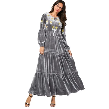 

2019 Autumn Winter Women Dress Plus Size Long Sleeve Embridary Muslim Dress Islamic Clothing Loose Max Dresses for Women Grey
