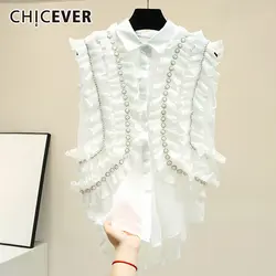 CHICEVER повседневные шифоновые Лоскутные сетчатые оборки женская рубашка с отворотом короткий рукав жемчужная кнопка тонкая блузка женская