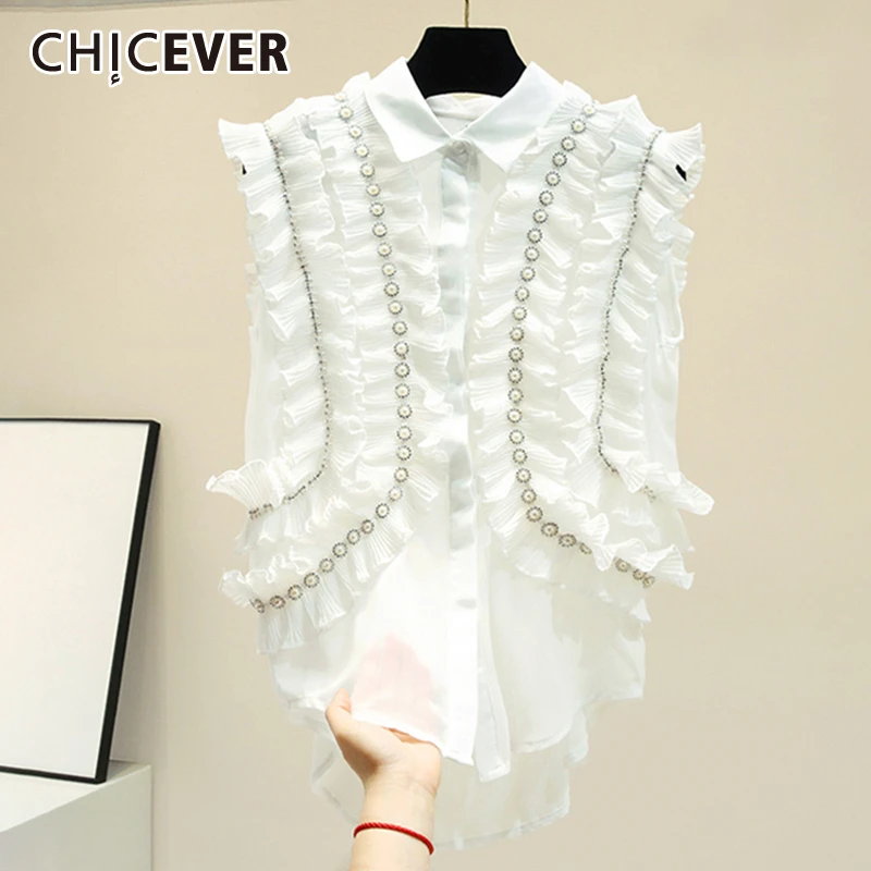 

CHICEVER Casual Chiffon Patchwork mesh Ruffles Women Shirt Lapel Short Sleeve Pearl Button Slim blouse Female 2019 Fashion New