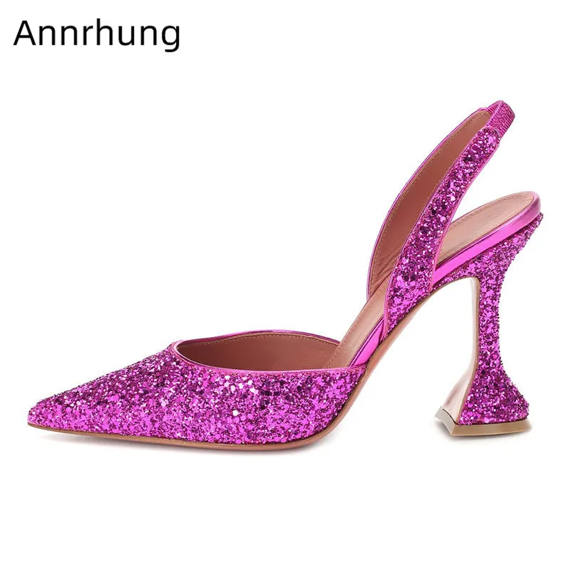 

Bling Sequin Party Shoes Sexy Pointed Toe Back Strap High Heels Fashion Violet Glitter Cup Heel Sandals New Chic Sandalias Mujer
