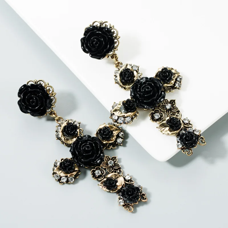 KMVEXO baroque vintage gold color cross earrings enamel rose flowers earrings for women girls cross earrings flower earrings rose earrings golden earrings