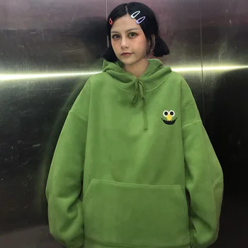 

2020 New Autumn Hoodies Women Vintage Lamb Wool Hoodies Loose Hooded Pullover Cotton Harajuku Cartoon Embroidered Hoodies Female