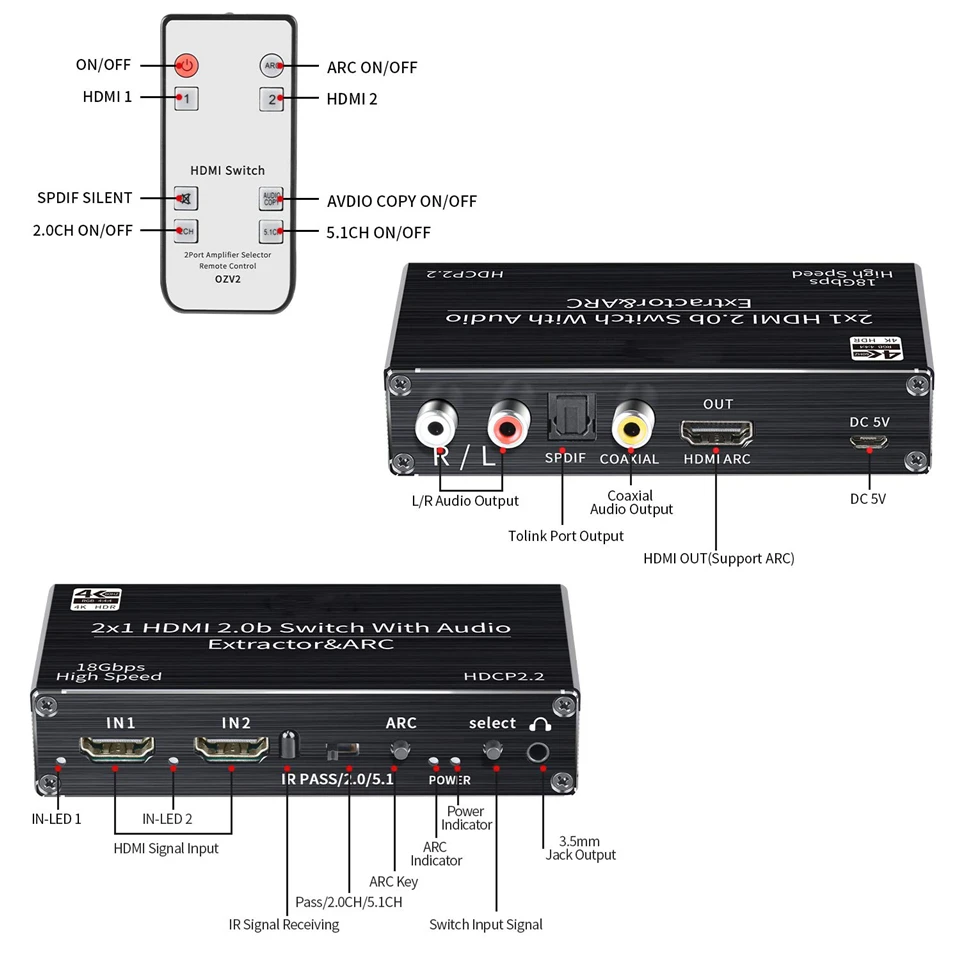 Мини 2x1 4K HDMI переключатель аудио экстрактор с ARC и оптический Toslink HDMI 2,0 переключатель 4K 60Hz HDMI переключатель дистанционного управления для Apple tv PS4