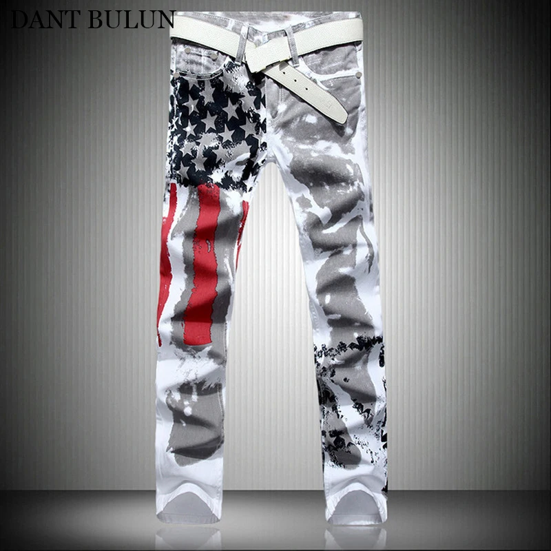 

Jeans Men Skinny Printed Striped American Flag White Mens Jeans Slim Ffit Stretch Pencil Pants Elastic Trousers Hip Hop Jeans