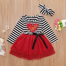 Платье для малышей зимнее модное платье с фатиновой юбкой в полоску для маленьких девочек на День святого Валентина+ повязка на голову vestido infantil@ 47