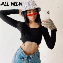 Special Offers ALLNeon E-girl Aesthetics Slim Ring O-neck Cropped Tops Y2K Fashion Solid Long Sleeve Black T-shirts 90s Streetwear Vintage Fall
