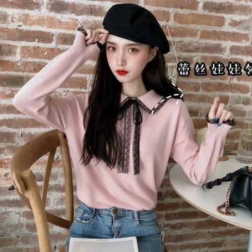 Woherb Pull Femme милые кружевные вязанные пуловеры в стиле пэчворк с отложным воротником и длинным рукавом, джемперы в Корейском стиле, модные топы на осень, новинка 91100 - Цвет: pink pullover