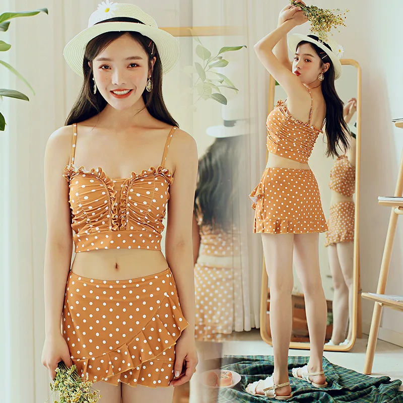 

Students Swimsuit Split Type Two-Piece Set High-waisted Small Bust Gathering Conservative Belly Covering Hot Springs Swimwear Wo
