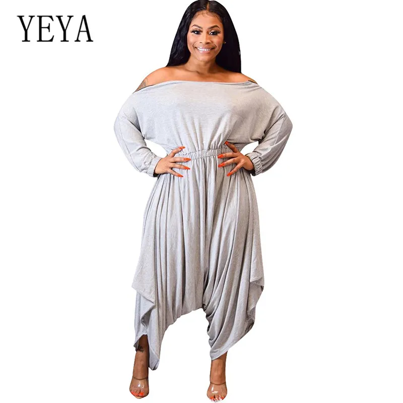 

YEYA Autumn Off Shoulder Casual Personality Loose Waist Down Solid Jumpsuits Long Sleeve Elegant Gray Playsuits Women Overalls