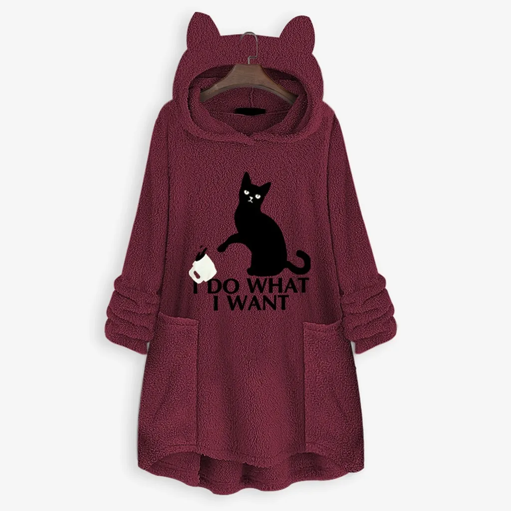 

Women's Coat Winter Warm Fleece Jackets Embroidery Cat Ear Plus Size Hoodie Casual Female Pullover Pocket Sweater Outwear Coat