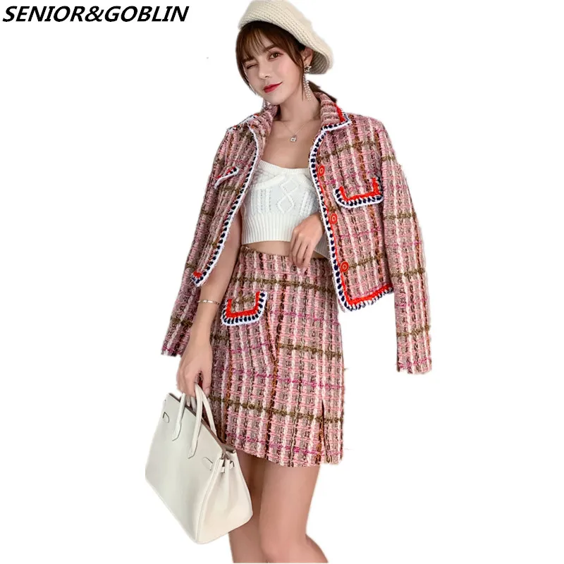 

2019 Women Skirt Sets Winter Europe Ladies Plaid Woolen Tweed Jacket+ Short Skirt Suits Elegant Two Piece Womens Clothing Sets